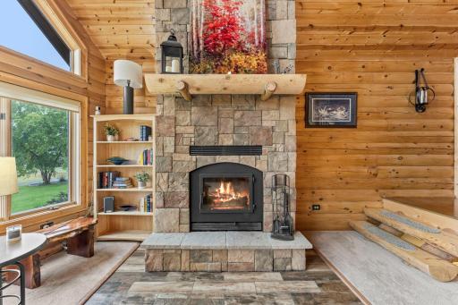 Stone wood burning fireplace