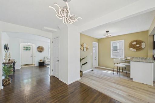 View from dining room into kitchen and living room.