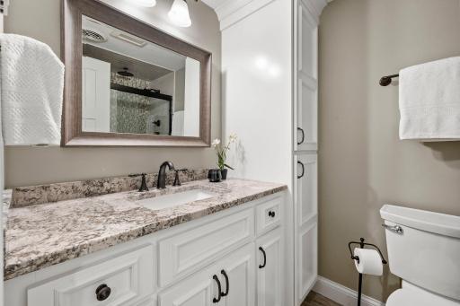 The stunning lower-level bathroom adds more function, with tons of storage!