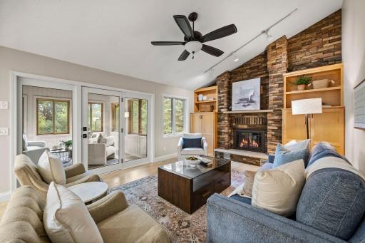 The great room steals the show with vaulted ceilings and wood floors.