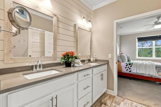 Quartz topped double sinks & shiplap details