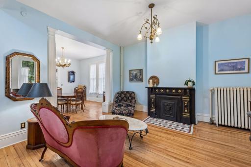 Step inside to the spacious living room with ornate details throughout.