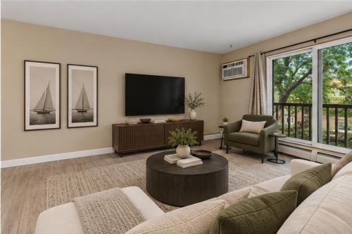 Cozy living room with balcony overlooking mature trees.
