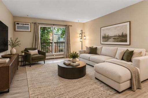 Photo for 7414 W 22nd Street, 302, Saint Louis Park, MN 55426 - listing #7148319 Cozy living room with balcony overlooking mature trees.