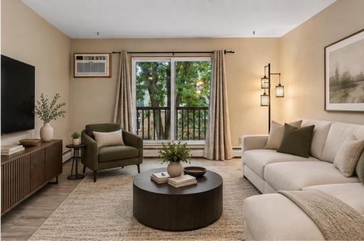 Cozy living room with balcony overlooking mature trees.
