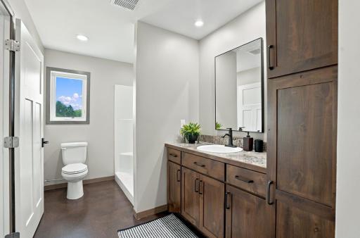 Primary bath with shower/custom cabinets and walk in closet