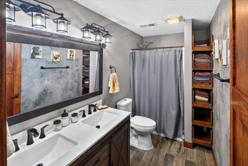 Stylish lower level bathroom with dual sinks