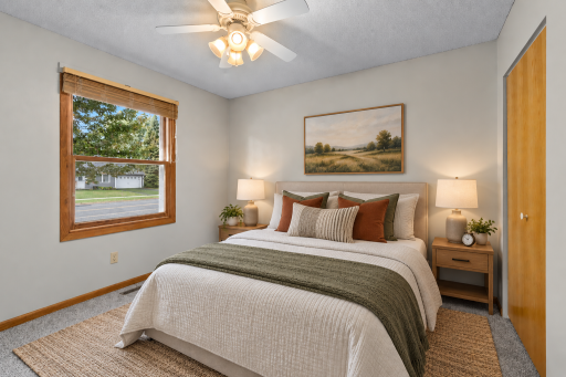 3 bedrooms on the main level. This room virtually staged to help visualize the space and potential furniture layout.