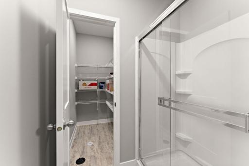 Lower level 3/4 bath with large storage closet