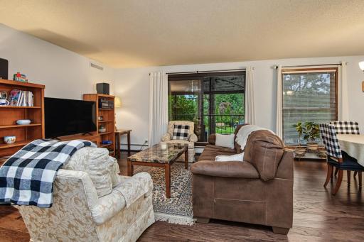 Second look at the living room with adjacent screened porch.