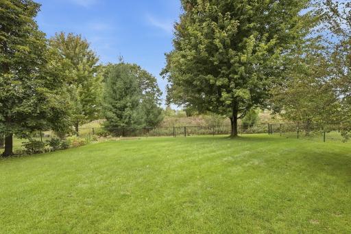 An expansive fenced backyard offers plenty of level lawn for recreation, pets and outdoor activities, with mature trees and natural surroundings creating a peaceful backdrop.