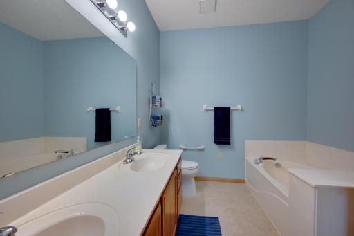 Full attached primary bath with soaking tub, double vanity, and shower