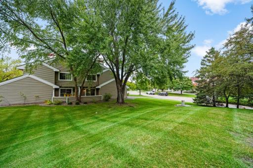 Enjoy beautiful views of generous green space and mature trees from this peaceful corner-lot setting.