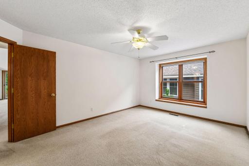 Main-level primary bedroom with convenient access to the full bath and a walk-in closet.
