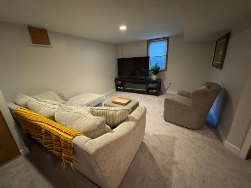 Family RM w electric fireplace/shelves