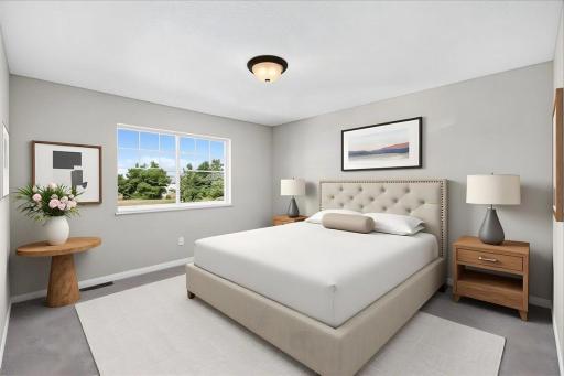 Primary Suite. Photo taken of another home with similar plan and finishes. Virtually Staged.