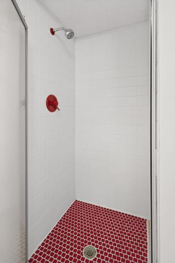 Retro red tile in lower level shower!