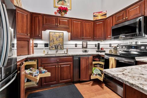 These custom cabinets include pullout drawers