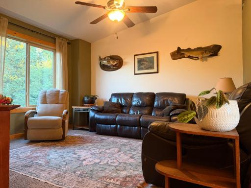 Vaulted great room with large boxed out window