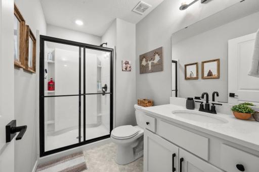 Nearby lower-level bathroom with walk-in shower.