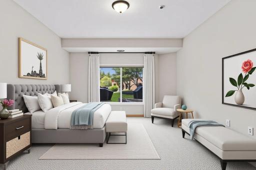 Spacious, beautifully appointed primary suite featuring abundant natural light, fresh contemporary finishes, plush new carpeting, and plenty of room for a comfortable sitting area. Virtual staging