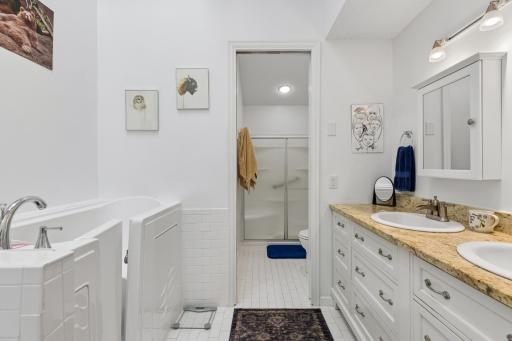 Primary full bathroom - separate tub / shower, double sink vanity.