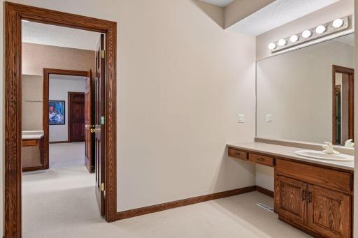 Spacious lower level bedroom with private vanity and large walk-in closet.