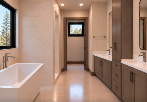 Master Bath, AI-Generated Rendering. This representation of the home is based on the builderâs plans and selections and is for illustration only. Actual finishes, colors, and fixtures may vary.