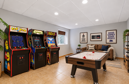 Basement level flex room with egress window, tile flooring, egress window (virtually staged)