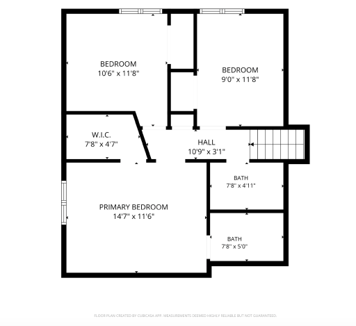Upstairs, 3 Bedrooms on One Level, 2 Baths, Hickory Flooring in Primary Bedroom, Newer Carpet in Supplemental Bedrooms