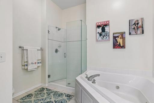 The primary features a large walk in closet and a full bath with separate soaking tub and glass-walled shower.