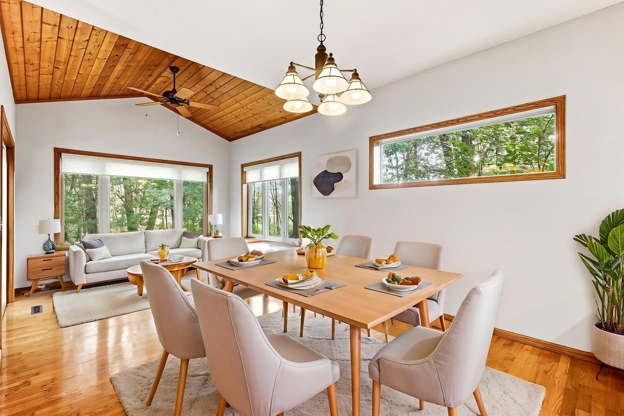Dining Area + View of Sunroom, Virtually Staged