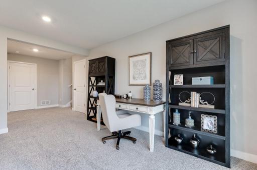 Another view of the FINISHED lower level's giant family room! Photo is of model home. Colors and options may vary. Ask Sales Agent for details.