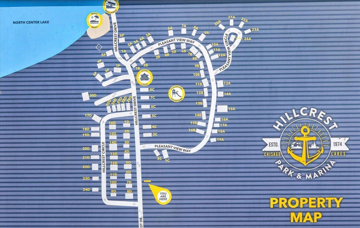 Property map provides an overview of the park layout, marina, roads, and RV sites.