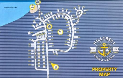 Property map provides an overview of the park layout, marina, roads, and RV sites.