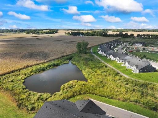 Aerial view of the pond along the side of the complex