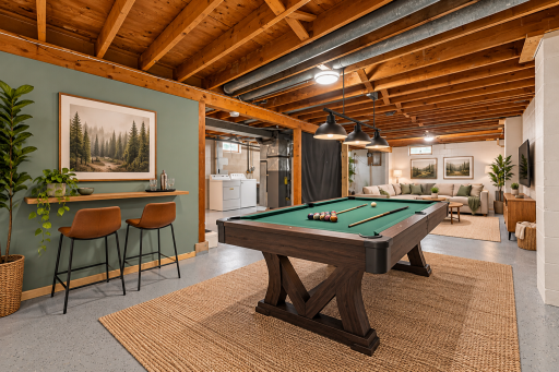 Basement Rec Room Virtual Staged