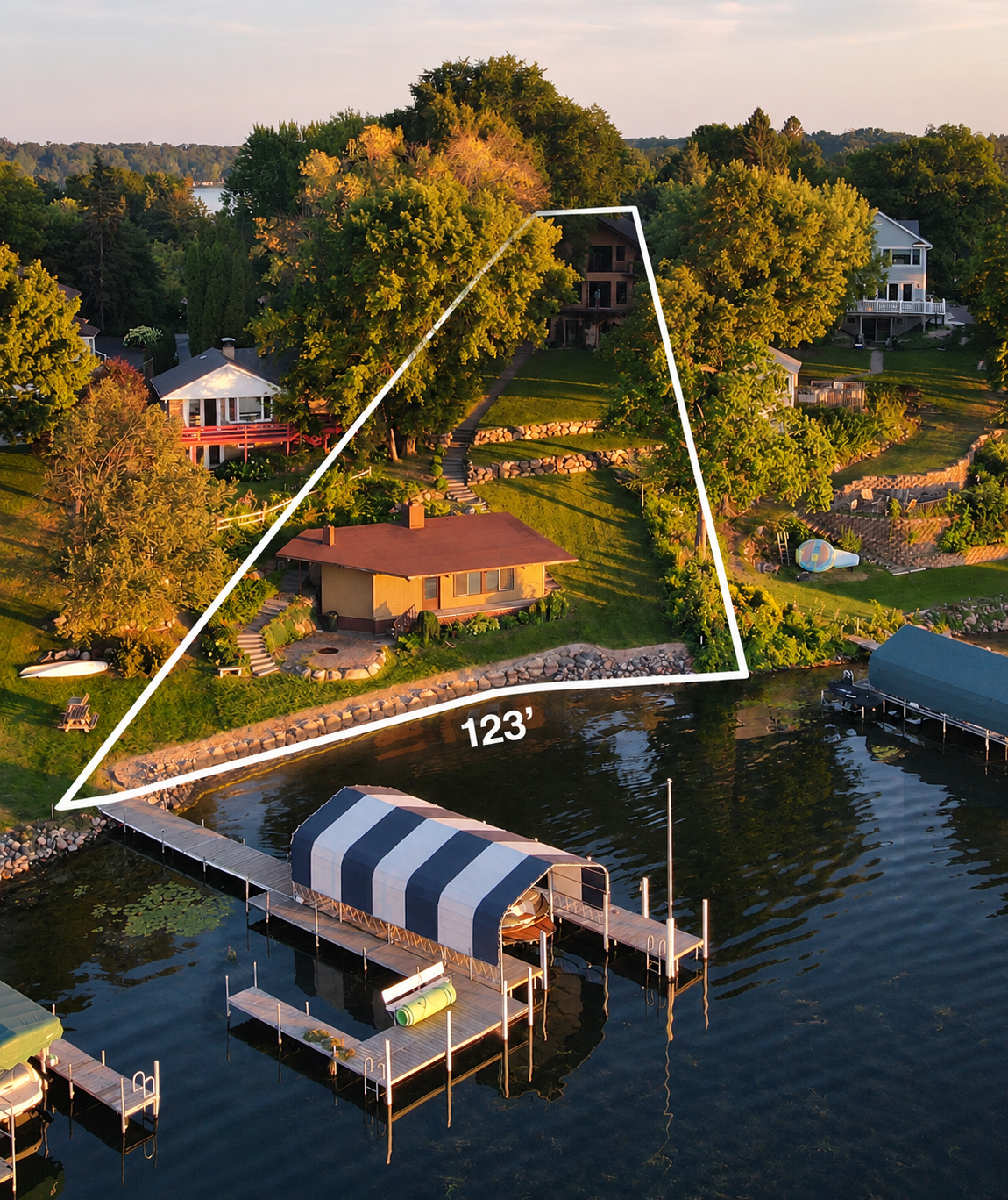Northwest-facing lakeshore offering beautiful sunset views.