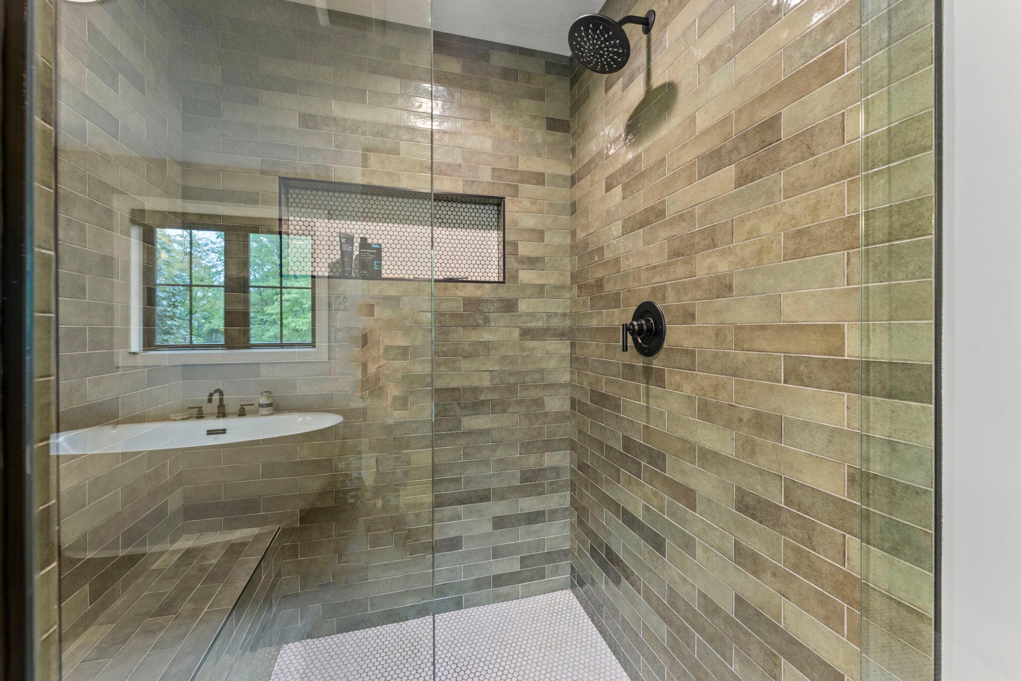 Walk in tiled shower