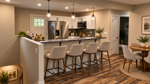 The bar will hold 4-5 chairs easily with room for a table