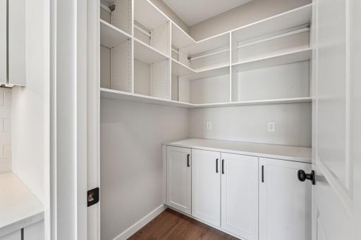 Walk-In Pantry with large amounts of storage space. Photos are of similar home; options and features will vary.