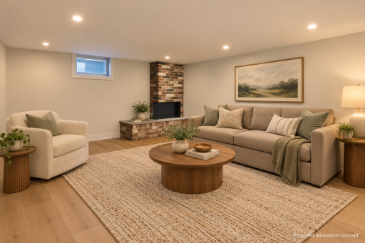 Warm Basement Family Room Renovation (virtually staged)