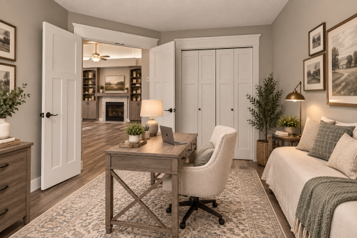Virtually Staged with AI Versatile main-level study/bedroom offers flexibility for a home office, guest room or additional bedroom.