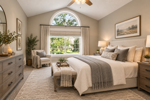 Virtually Staged with AI Primary Suite with vaulted ceiling, and beautiful windows.