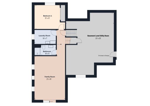 Lower-level floor plan showing the family room, fourth bedroom, bathroom, and walkout.600 Finished SQ FT