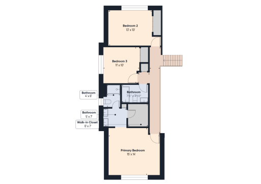 Upper-level floor plan showing three bedrooms, a full bath, and landing 775 Finished SQ FT