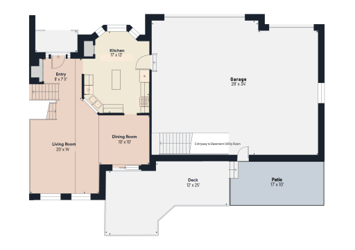 Main-level floor plan showing living, dining, kitchen, and entry areas. 747 Finished SQ FT