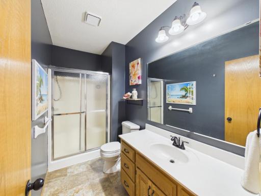 Lower-level 3/4 bathroom with vanity and shower.