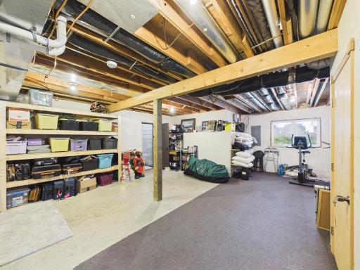 Additional lower-level storage room with organized shelving.