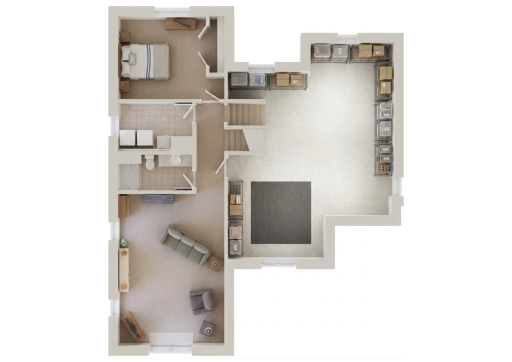 Graphic floor plan view of the lower-level layout.